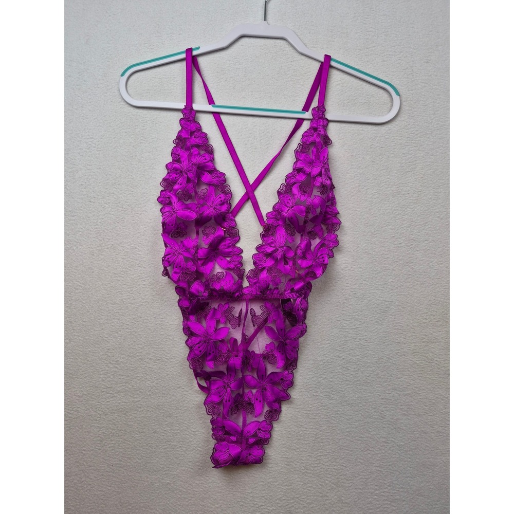 Victorias Secret Floral Teddy Bodysuit Small Embroidered Mesh Magenta Purple